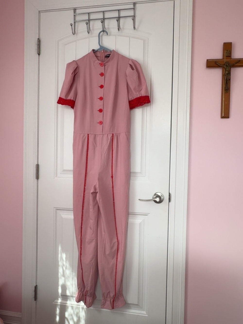 Pink Jumpsuit with Red Trim